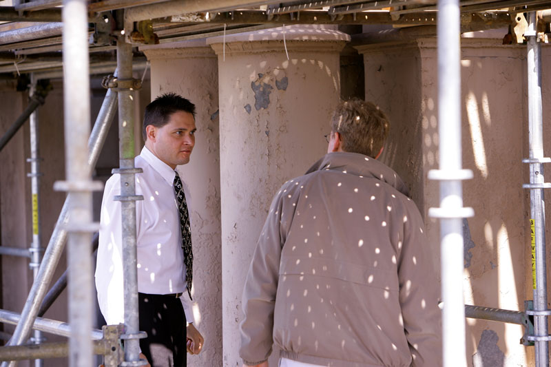 A photo of Tony Polotto from 2005 standing at the scaffolding of the Golden Dome, during the previous regild.