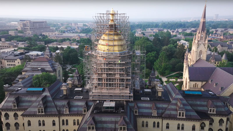 A view of the Golden Dome from above surrounded by scaffolding.