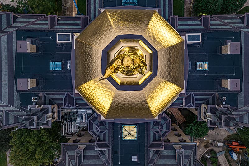 An aerial view of the Dome from directly above showing shining gold and newly painted building.