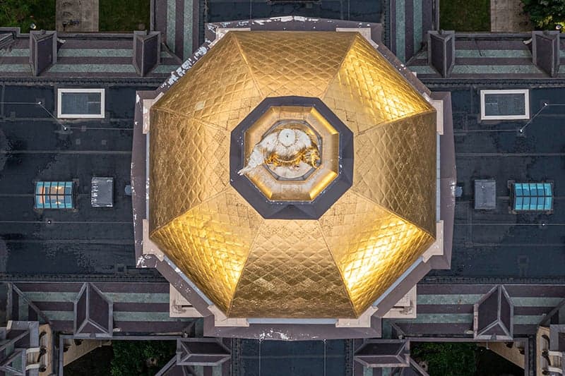 Aerial view from directly above Mary pointed down showing paint chips and weathering of the top of the dome.