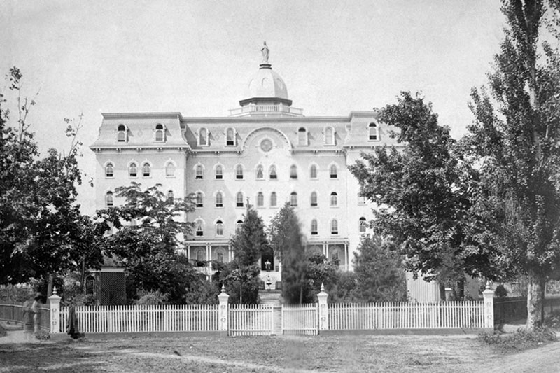A black and white image of the Main Building from 1866