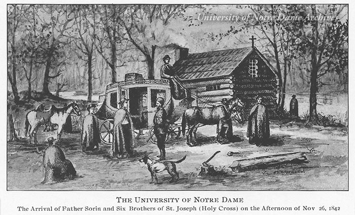 An engraving of a log cabin and a horse and carriage surrounded by people and animals.