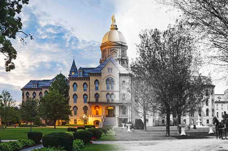 An image of the Golden Dome where half of the color photo is the current building and the other hald is a black and white photo of the old building.