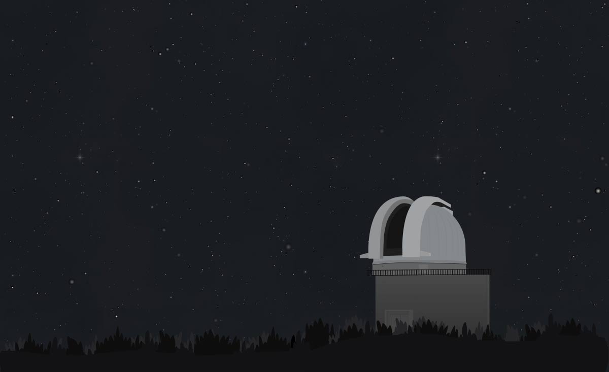 The 2.7 meter dome of the Texas telescope under a starry sky.