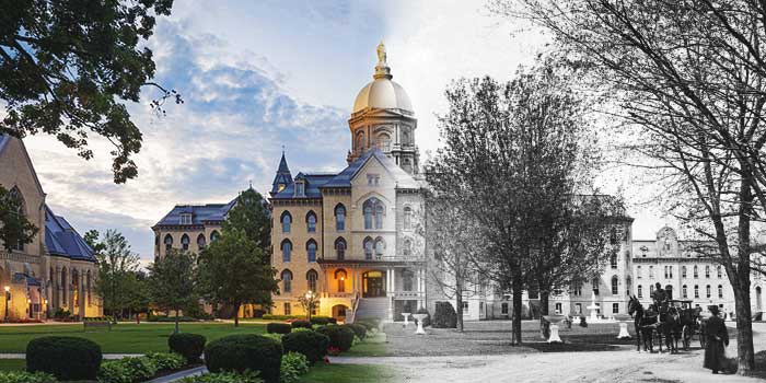 The main building is pictured—on the left side is a modern-day image of the building that fades into a black and white archival image of the building.