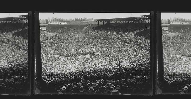 A black and white image of the old Notre Dame football stadium.