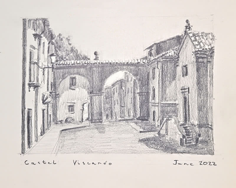 A pencil sketch on white paper of the buildings in Castel Viscardo