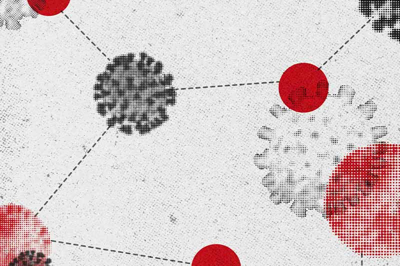 A rendering of gray, halftoned microscopic pathogens connected to red dots.