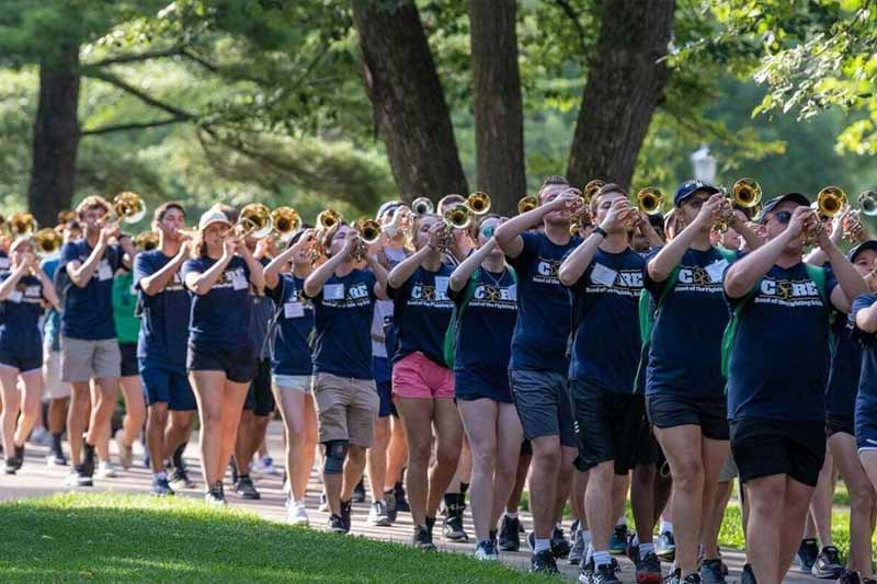 Notre Dame marching band kicks off the school year with their annul march out on campus.