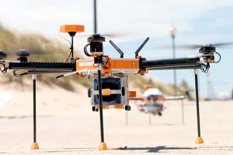 A remote controlled drone beginning to rotate propellars in effort to lift off.