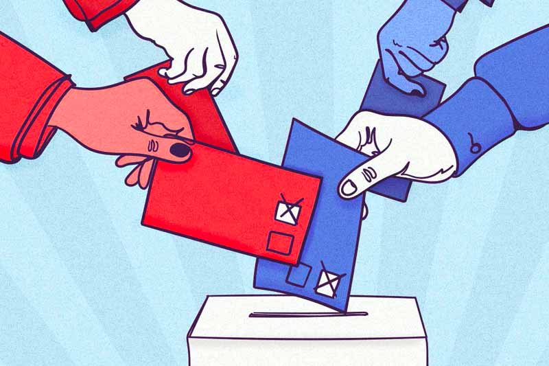 Illustration of red and blue hands dropping votes into a ballot box.
