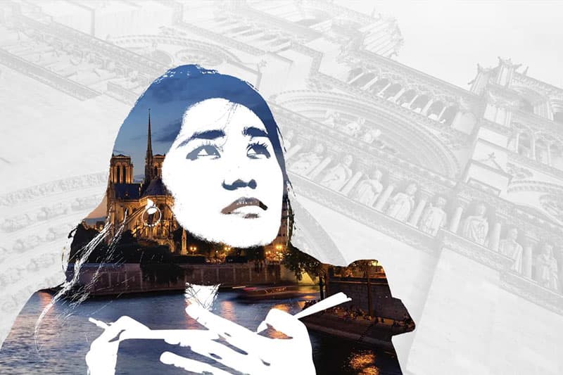 A composite image of a silhouette of a girl looking to the sky while drawing on her sketchpad. A picture of the Cathedral of Notre-Dame is in the background.