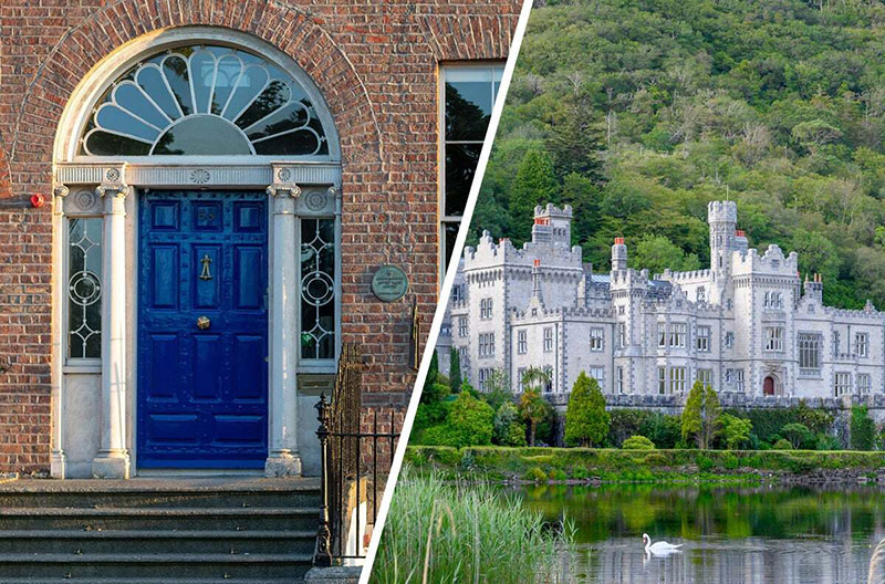 A composite image of the a blue door on a brick building, and Kylemore Abbey on a lush green hillside.