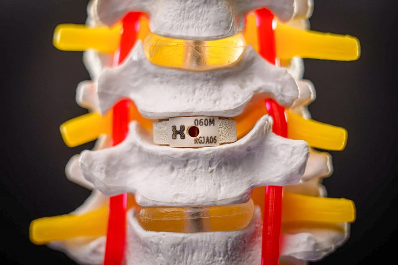 Anatomical model of cervical vertebrae with an artificial spinal disc implant. Yellow intervertebral discs and red spinal nerves are visible. 