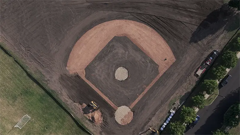 An overhead view of the Foundry Field baseball field.