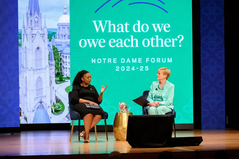 Sanda Ojiambo, Assistant Secretary-General, CEO, and Executive Director of the UN Global Compact on Business as a Global Force for Good, speaks with Anne Thompson, Chief Environmental Affairs Correspondent for NBC News at the 2024 Notre Dame Forum session titled 'Business as a Global Force for Good.'
