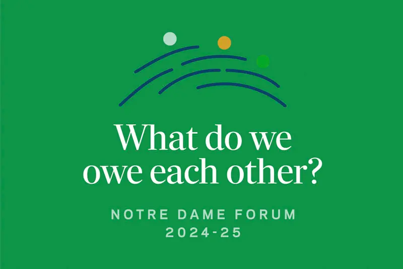 Graphic with green backgound with the words 'What do we owe each other'.
