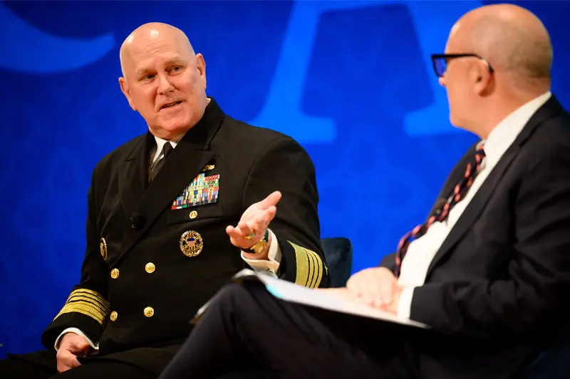 Admiral Christopher W. Grady, Vice Chairman of the Joint Chiefs of Staff, answers a question from University of Notre Dame Provost John McGreevy.