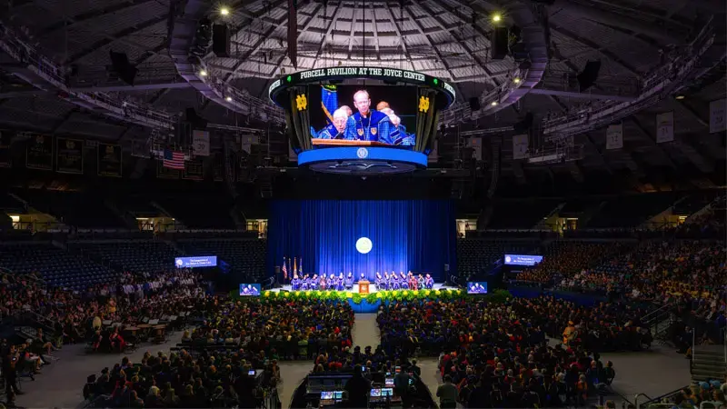 The stage showing past emeritus presidents and newly appointed president Fr. Dowd on the big monitor in Purcell Pavilion.