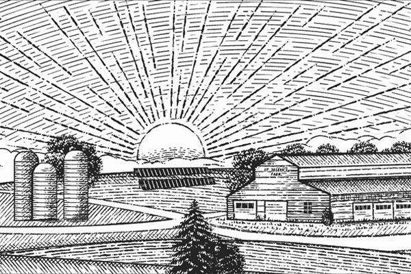 An engraved style illustration of a farm during sunrise. A large sun in the background and silos, a barn, and solar panels in the foreground.