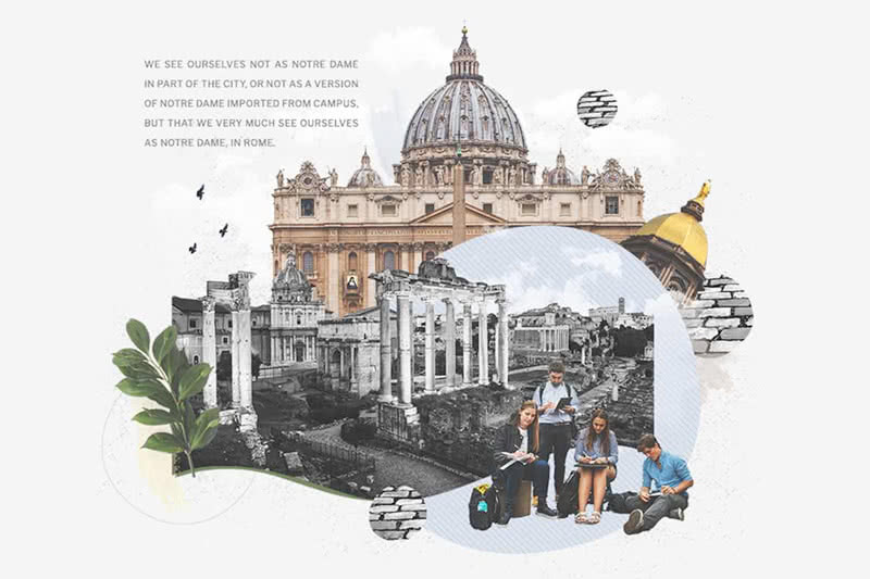 A composite image of Notre Dame students, The Vatican, Roman Forum and Palatine Hill.