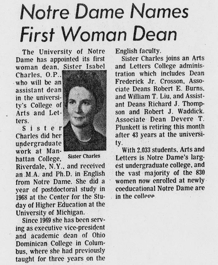 Photocopy of newspaper clipping regarding the hiring of Sr. Isabel Charles as Dean of the College of Arts and Letters, the first woman dean at Notre Dame., August 1973.