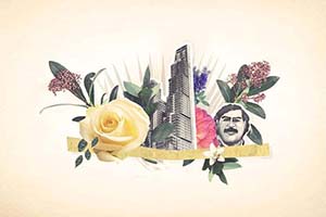 A collage of buildings, flowers and a mural of Pablo Escobar.