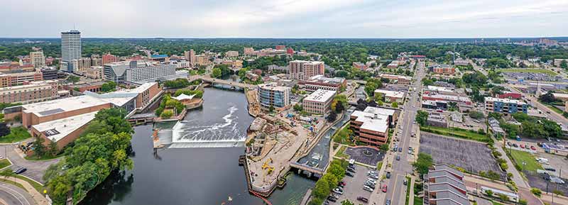 A pano of downtown South Bend. The horizon can be seen in the distance.