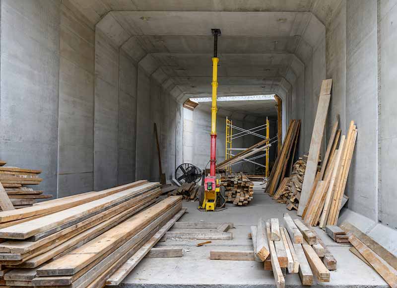 A narrow concrete tunnel stores wooden planks.