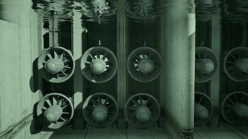 A wall of ten computer-generated turbines underwater.