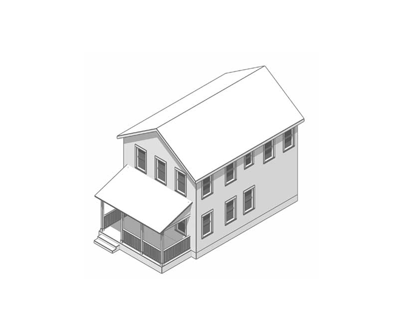 A perspective drawing of a narrow two-story home with front porch.