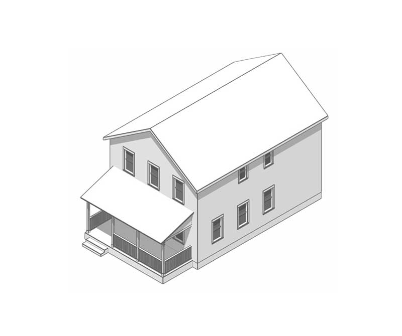A perspective drawing of a standard two-story home with front porch.