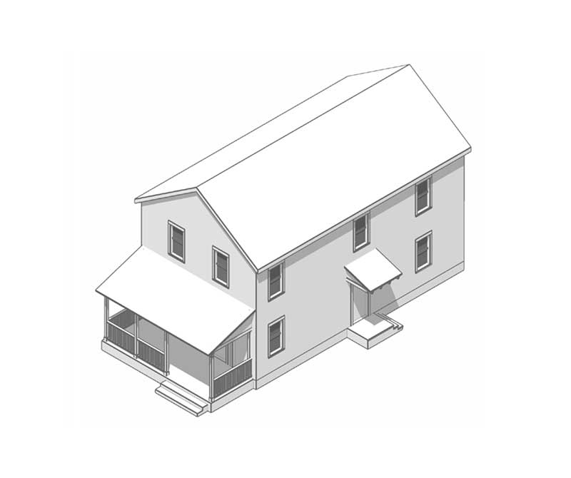A perspective drawing of a two-story stacked duplex, and a front porch and side porch entrance.
