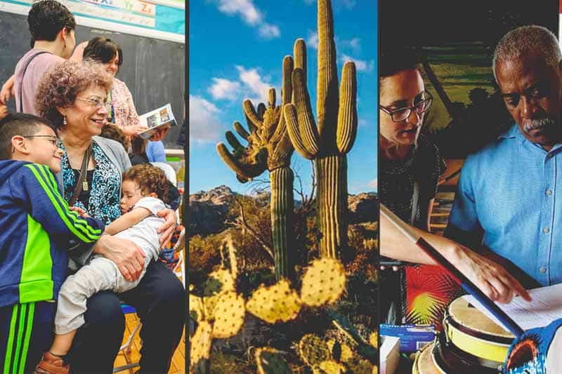 Collage of woman holding two children in a classroom; cactus; a woman and man working on building something together.