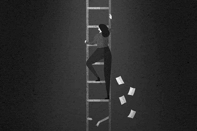 Black and white illustration of a woman climbing a ladder, with papers falling behind her.