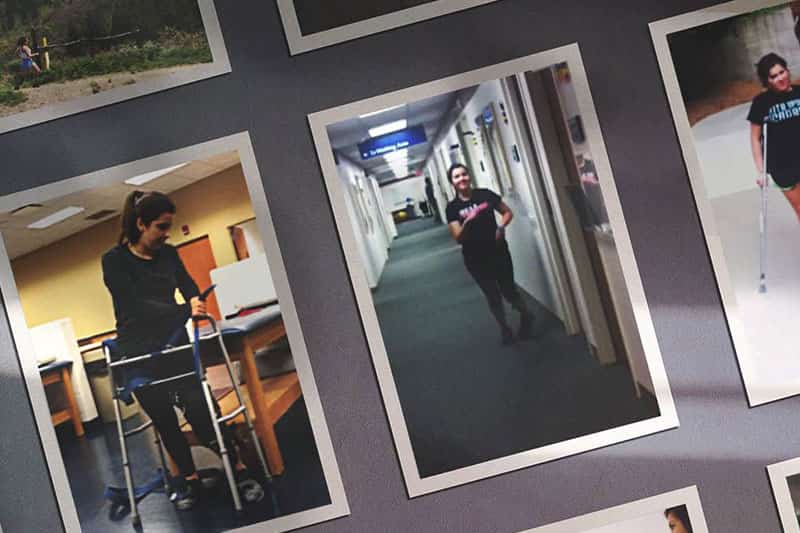 A scrapbook-like collage of vertical photos of a woman learning to walk again.