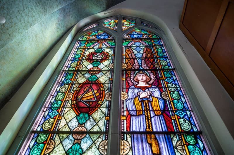A stained glass window in choir loft at St. Adalbert Catholic Church in South Bend.