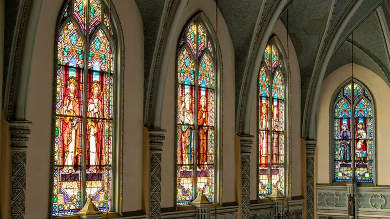 The large stained glass windows at St. Adalbert Catholic Church in South Bend, Indiana.