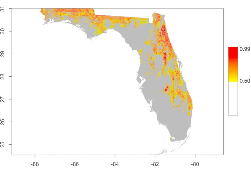 A heat map of the state of Florida. The northern and eastern part of the state indicates tick presence.
