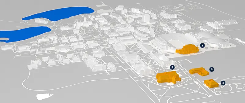 Map of campus with highlighted Department of Music, Raclin Murphy Museum of Art, DeBartolo, and School of Architecture buildings.