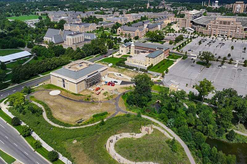 An aerial image of the arts gateway, including the Raclin Murphy Museum of Art and Charles B. Hayes Family Sculpture Park, O’Neill Hall of Music and Sacred Music, Walsh Family Hall of Architecture and DeBartolo Performing Arts Center.