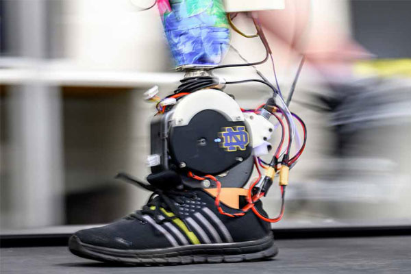 A slightly blurred moving powered prosthetic ankle mimics the movement of a real foot.