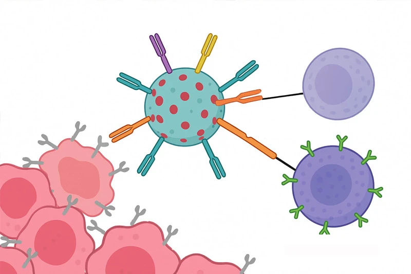 Diagram of a teal cell with red dots and colorful Y-shaped antibodies connecting to a lavender cell, a purple cell with green Y-shaped receptors, and a cluster of pink cells with gray Y-shaped receptors.