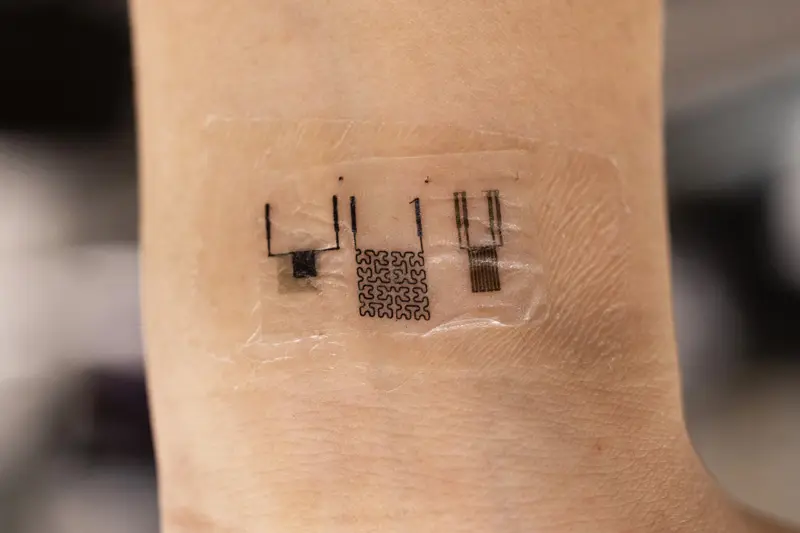 A thin, stretchable bioelectronic device adhered to a wrist, featuring intricate black circuitry patterns on a transparent film.
