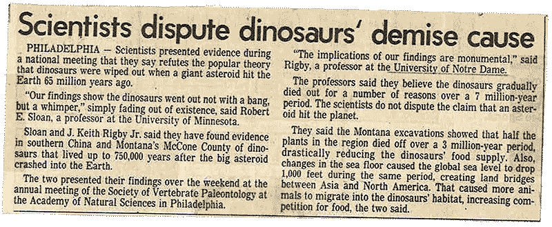 An old newspaper cutting with the title 'Scientists dispute dinosaurs demise cause.