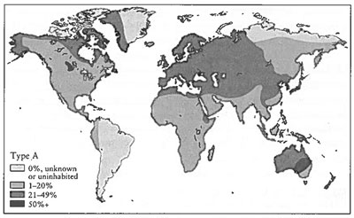 Geographical distribution and frequencies of the blood types A and B. Note that they do not follow the big three racial division of European, African, and Asian