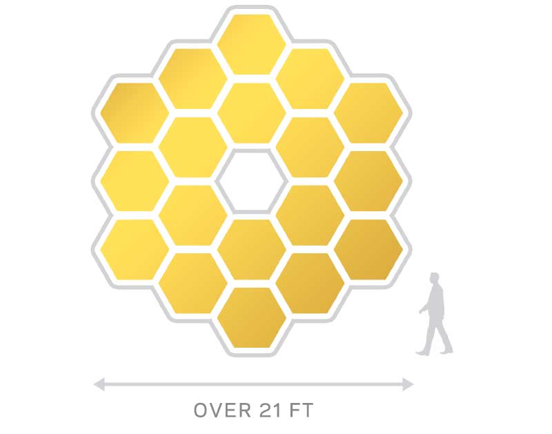 An illustration of 8 gold hexagonal shapes that appear like a 21-foot blooming flower next to a human silhouette.