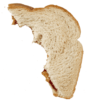 Half of a Peanut Butter and Jelly sandwich with 2 bites