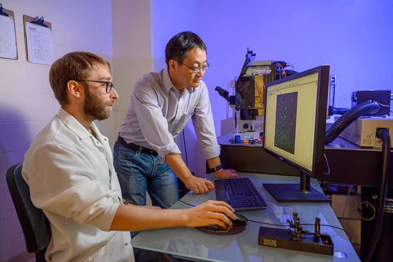One man sits at a computer desk while another stands, both observing an image on a computer screen.