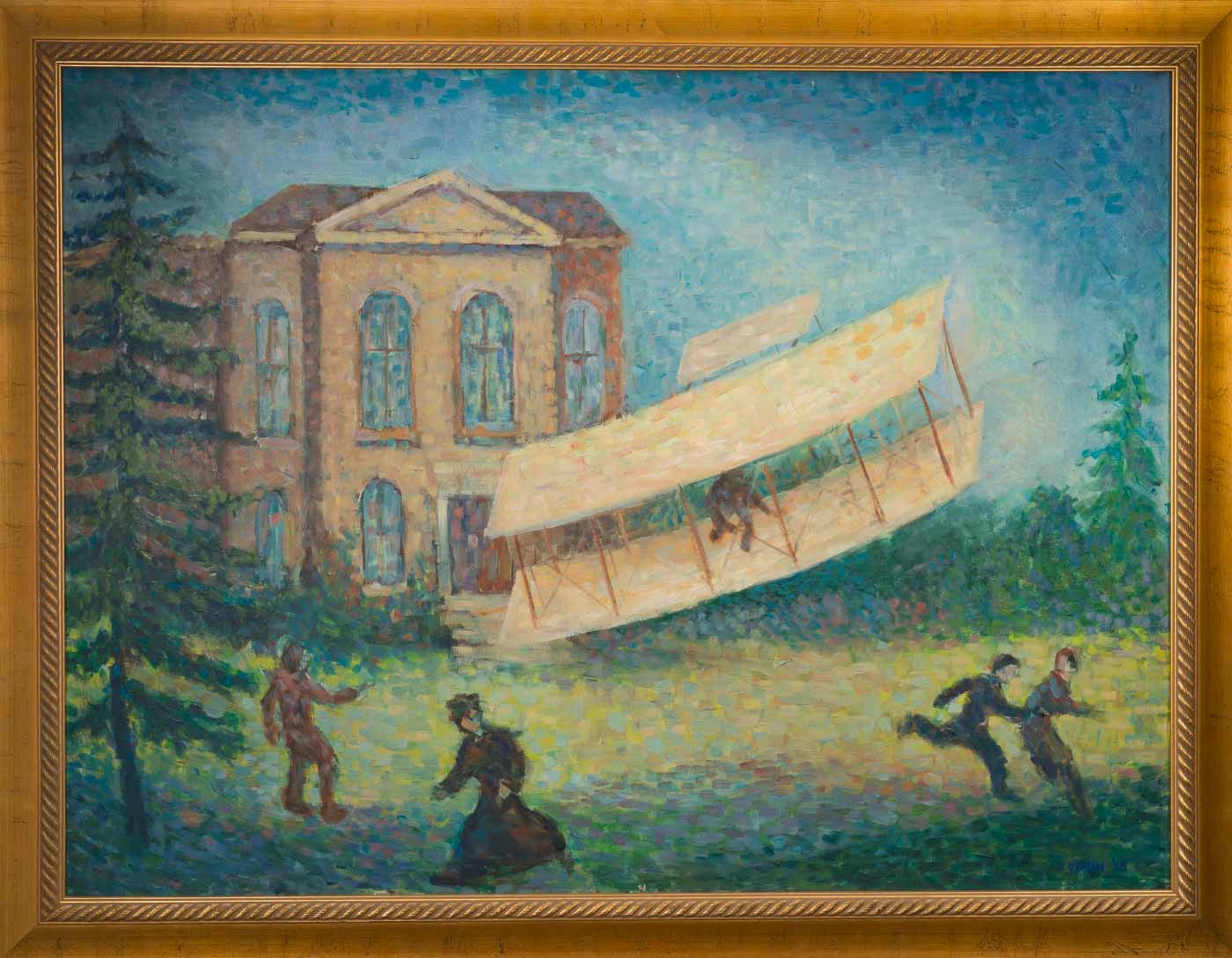 Painting by Richard (Dick) O’Brien ’58 depicting a glider experiment by professor Albert Francis Zahm. The painting which once hung in LaFortune Student Center now hangs in the Hessert Aerospace research building.